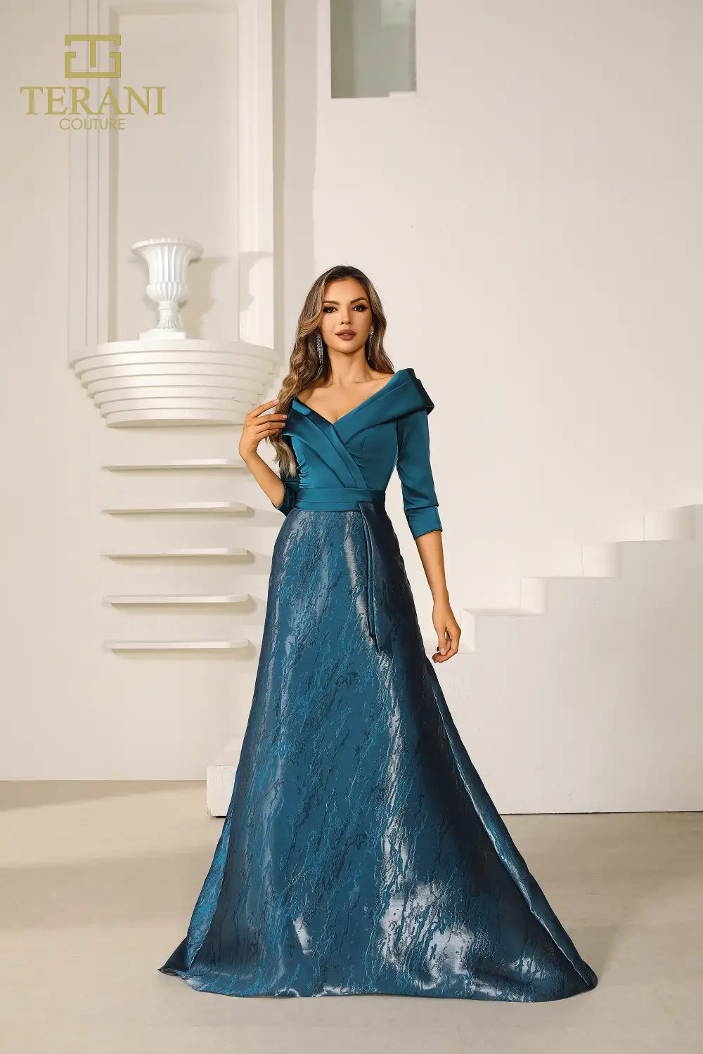 Terani Couture 251M4461 Pleated Long Formal A Line Evening Dress