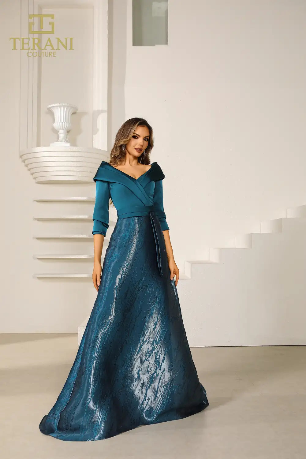 Terani Couture 251M4461 Pleated Long Formal A Line Evening Dress