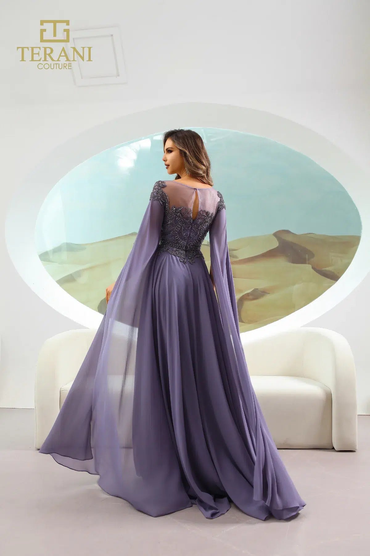 Terani Couture 251M4463 A Line Long Formal Beaded Cape Evening Dress