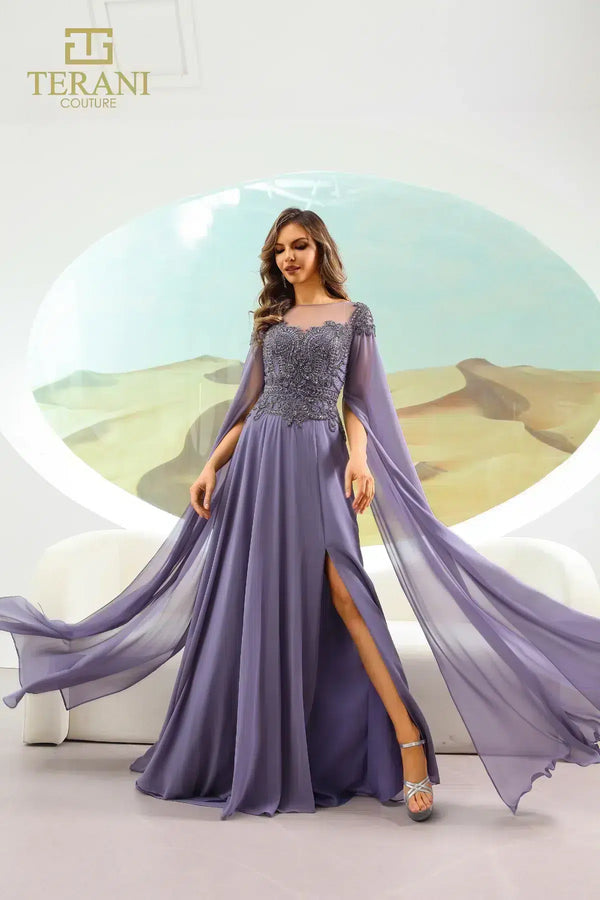 Terani Couture 251M4463 A Line Long Formal Beaded Cape Evening Dress
