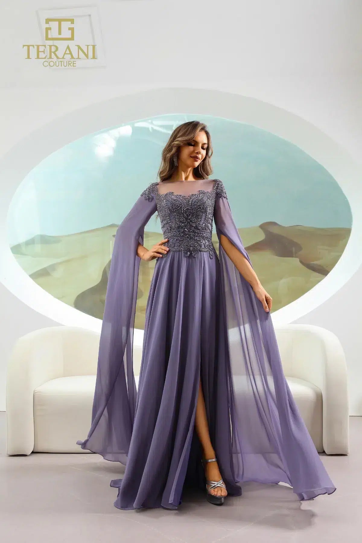 Terani Couture 251M4463 A Line Long Formal Beaded Cape Evening Dress