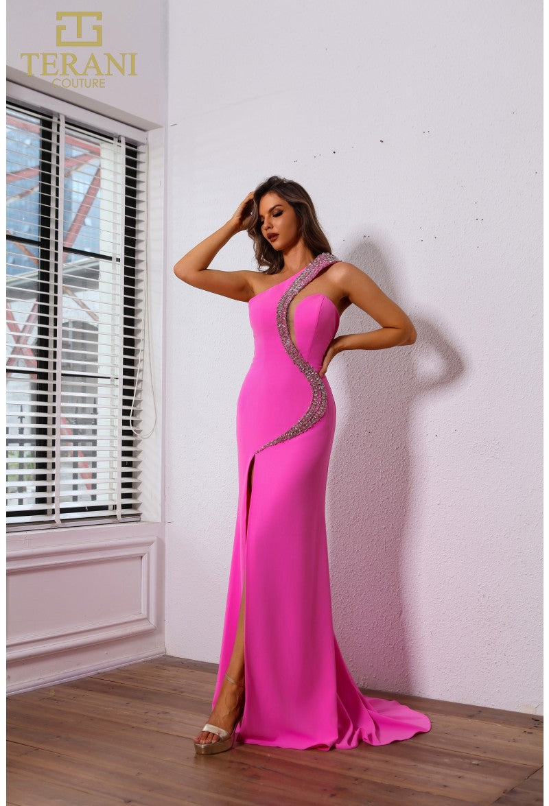 Terani Couture 251P4036 Beaded Slit Long Formal Fitted Prom Dress