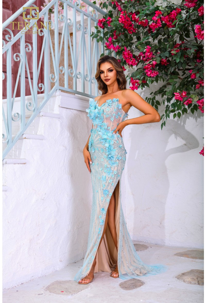 Terani Couture 251P4048 Fitted Slit Long Formal Beaded Corset Prom Dress