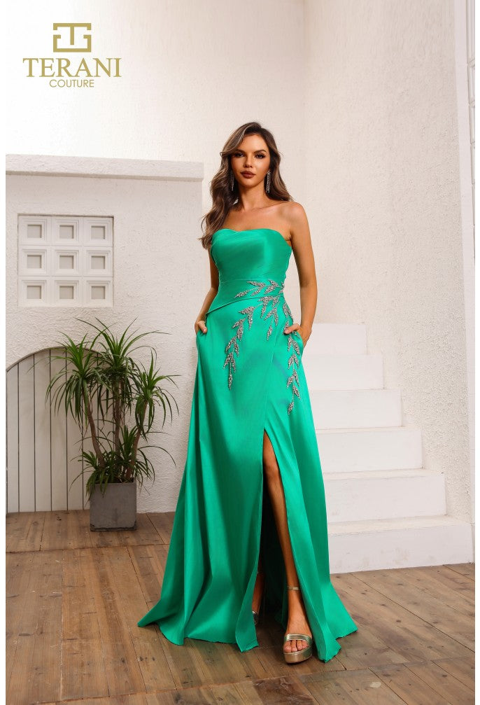 Terani Couture 251P4061 A Line Long Beaded Formal Applique Prom Dress
