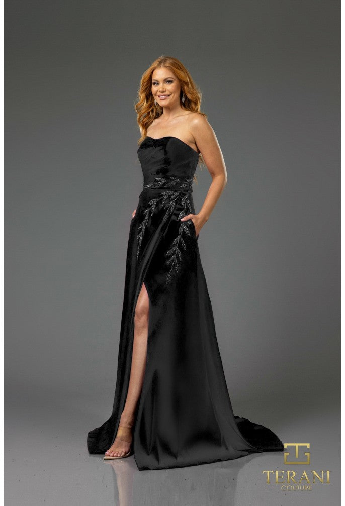 Terani Couture 251P4061 A Line Long Beaded Formal Applique Prom Dress