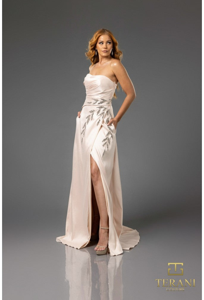 Terani Couture 251P4061 A Line Long Beaded Formal Applique Prom Dress
