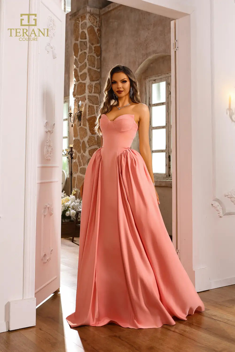 Terani Couture 251P4066 Formal Long Ball Gown Prom Dress - Apricot / 6 Terani Couture 251P4066 Formal Long Ball Gown Prom Dress - Apricot / 6