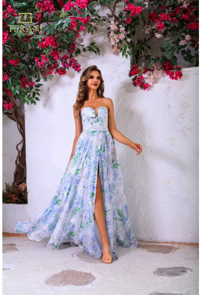 Terani Couture 251P4142 Long Formal Printed A Line Prom Dress