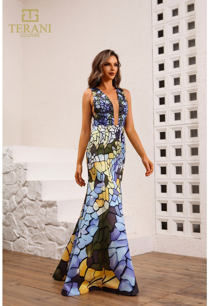 Terani Couture 251P4146 Long Fitted Formal Printed Prom Dress