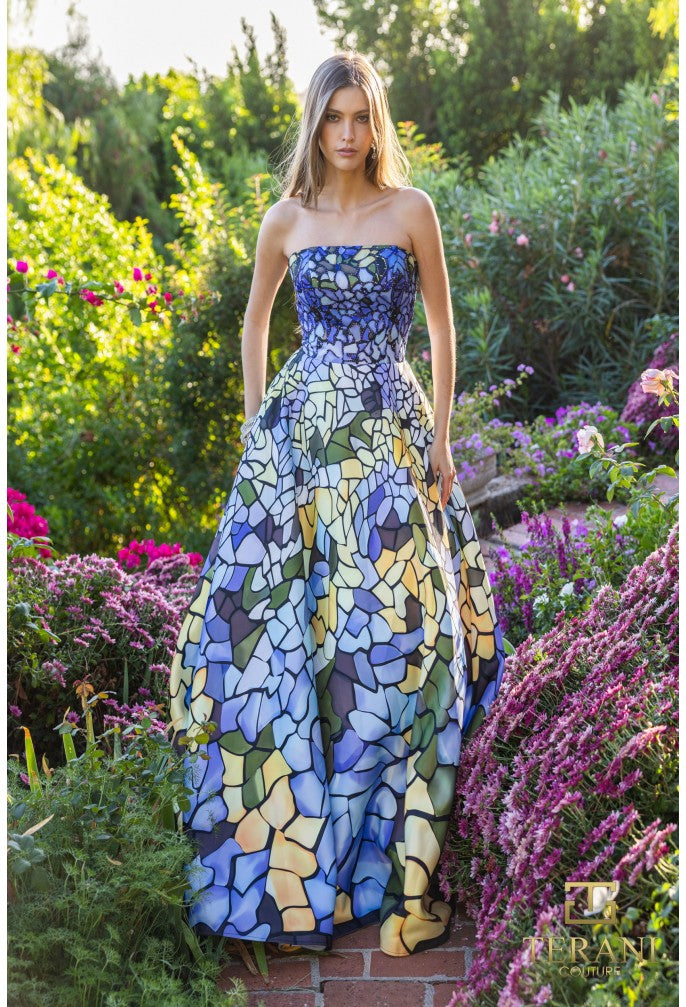 Terani Couture 251P4147 Long Ball Gown Printed Formal Prom Dress