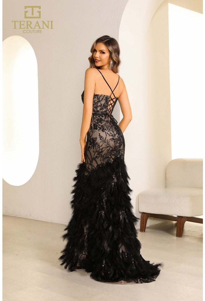 Terani Couture 251P4321 Long Fitted Formal Feather Prom Dress