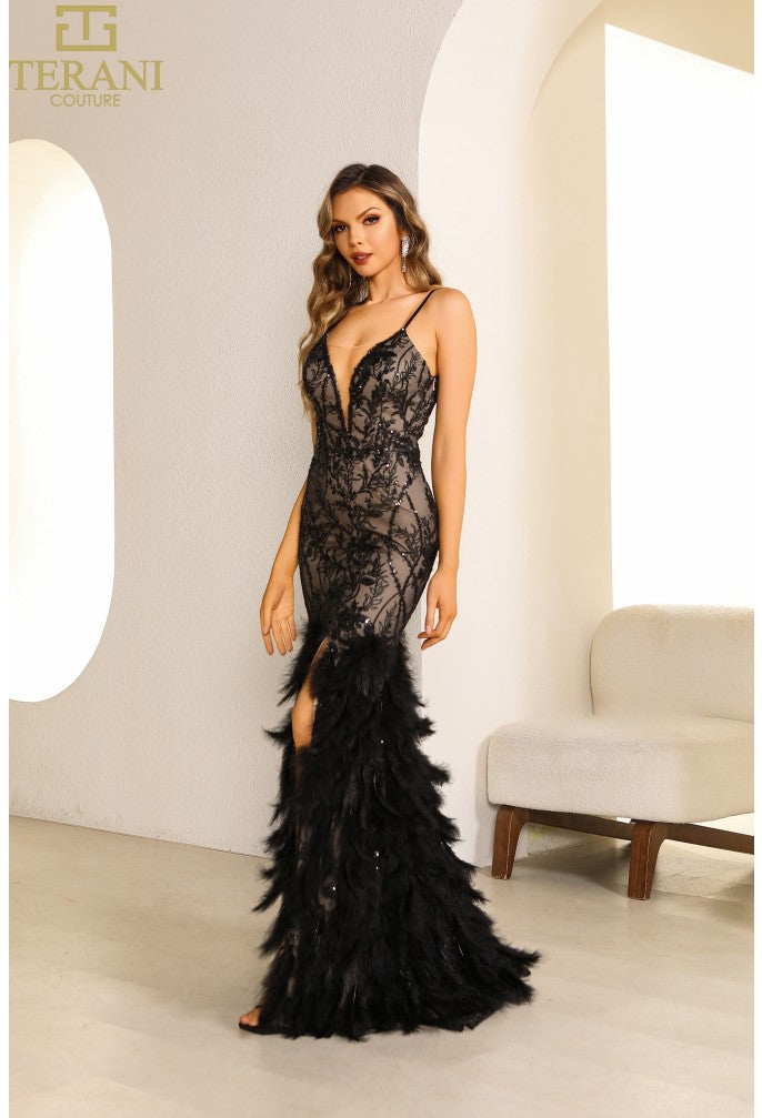 Terani Couture 251P4321 Long Fitted Formal Feather Prom Dress
