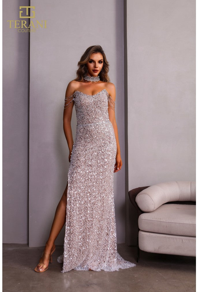 Terani Couture 251P4329 Fitted Slit Formal Beaded Long Prom Dress