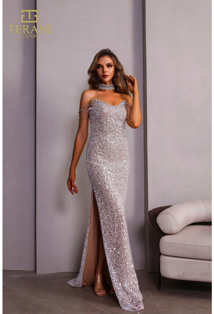 Terani Couture 251P4329 Fitted Slit Formal Beaded Long Prom Dress