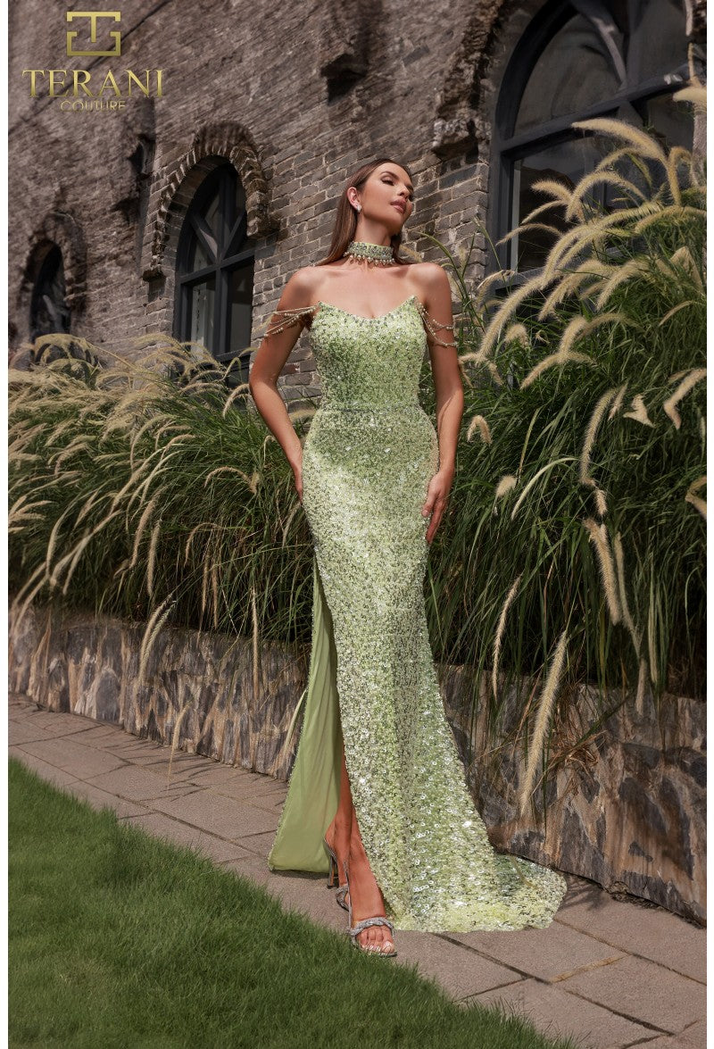 Terani Couture 251P4329 Fitted Slit Formal Beaded Long Prom Dress