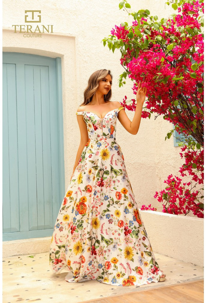 Terani Couture 251P4375 A Line Long Floral Print Formal Prom Dress