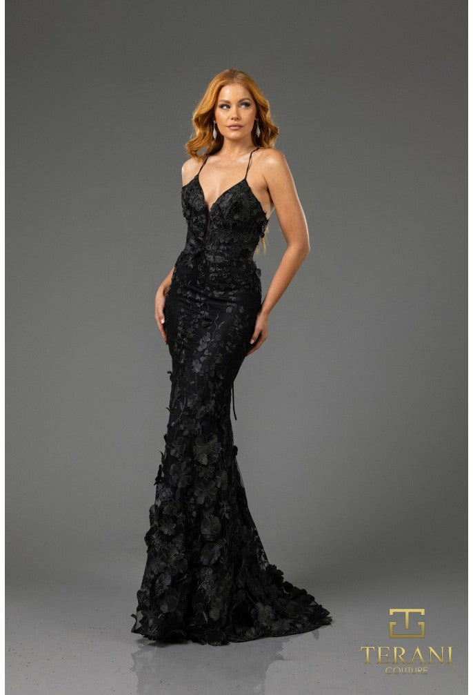 Terani Couture 251P4514 Fitted Long Formal Floral Applique Prom Dress