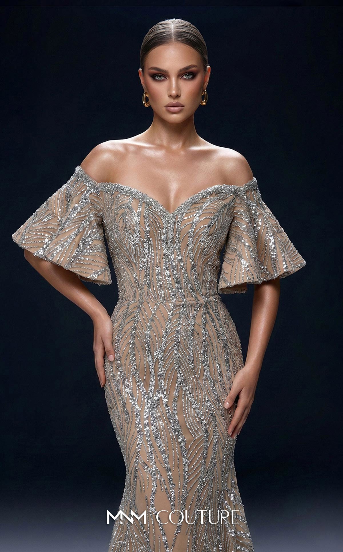 Off-the-Shoulder Floor-Length Sequin Evening Mermaid MNM Couture 2529A