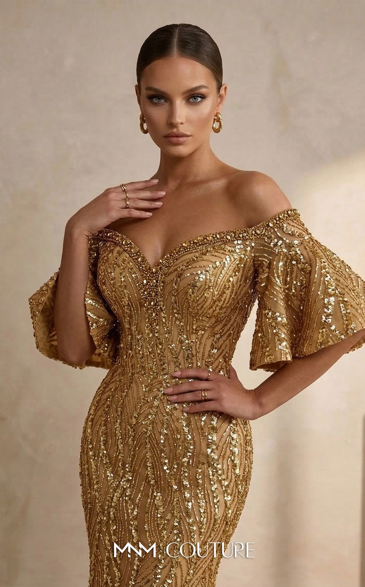 Off-the-Shoulder Floor-Length Sequin Evening Mermaid MNM Couture 2529A