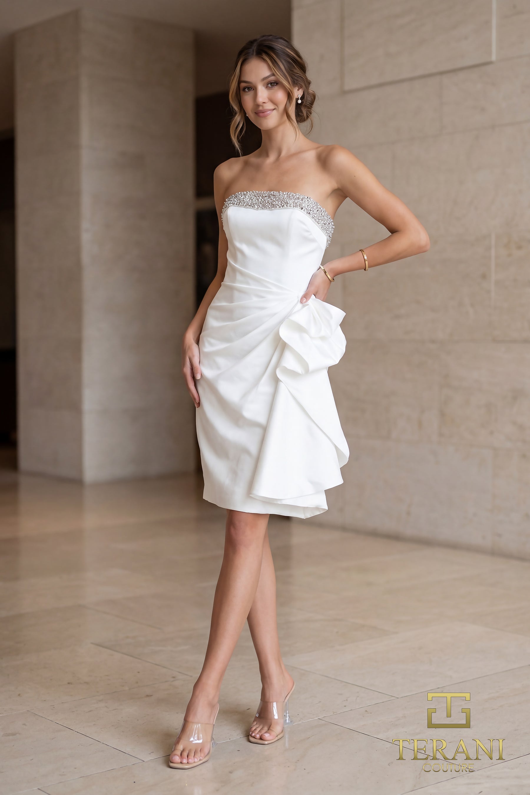 Strapless Straight Neck Knee-Length Satin Wedding Dress Terani Couture 252C5098