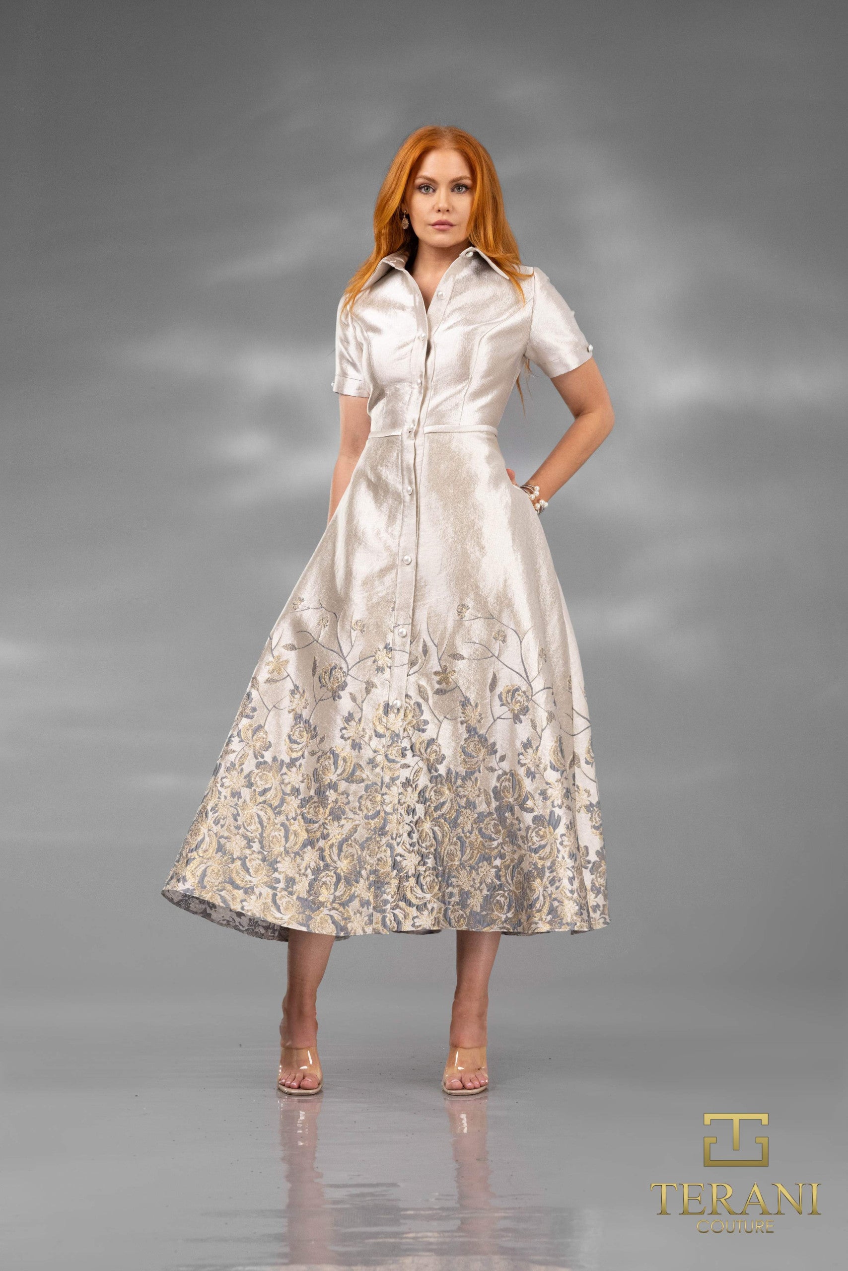 Cocktail Dresses Floral A Line Tea Length Cocktail Dress Silver Brown