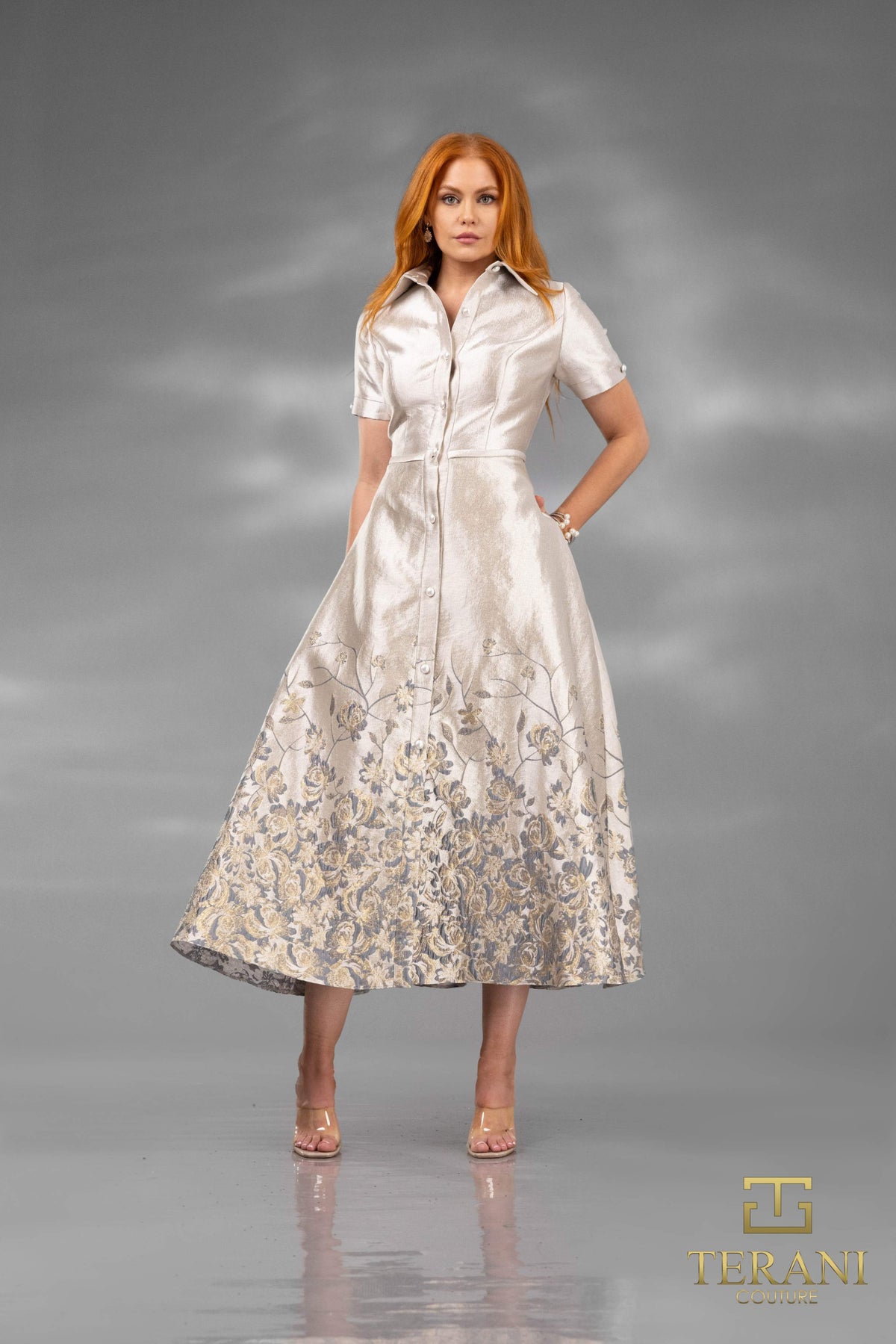 Cocktail Dresses Floral A Line Tea Length Cocktail Dress Silver Brown