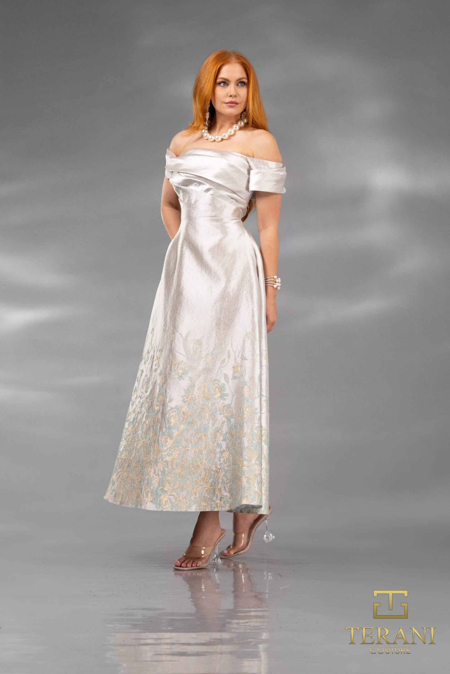 Cocktail Dresses Tea Length Floral A Line Cocktail Dress Silver Lt Green