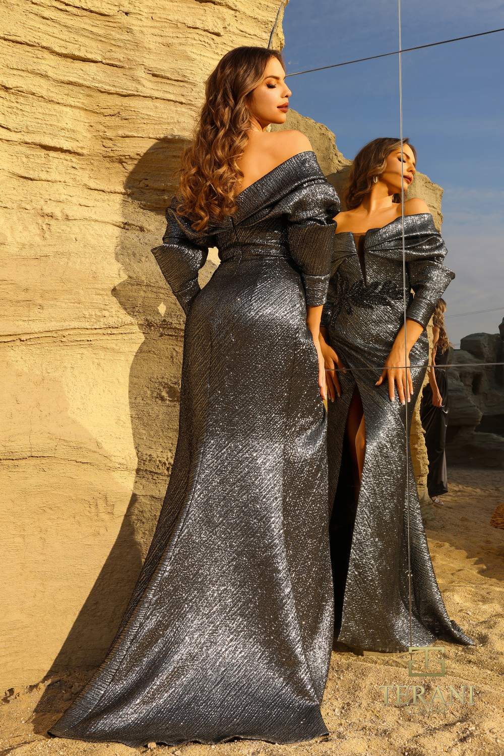 Terani Couture 252E5138 Long Formal Metallic Evening Dress