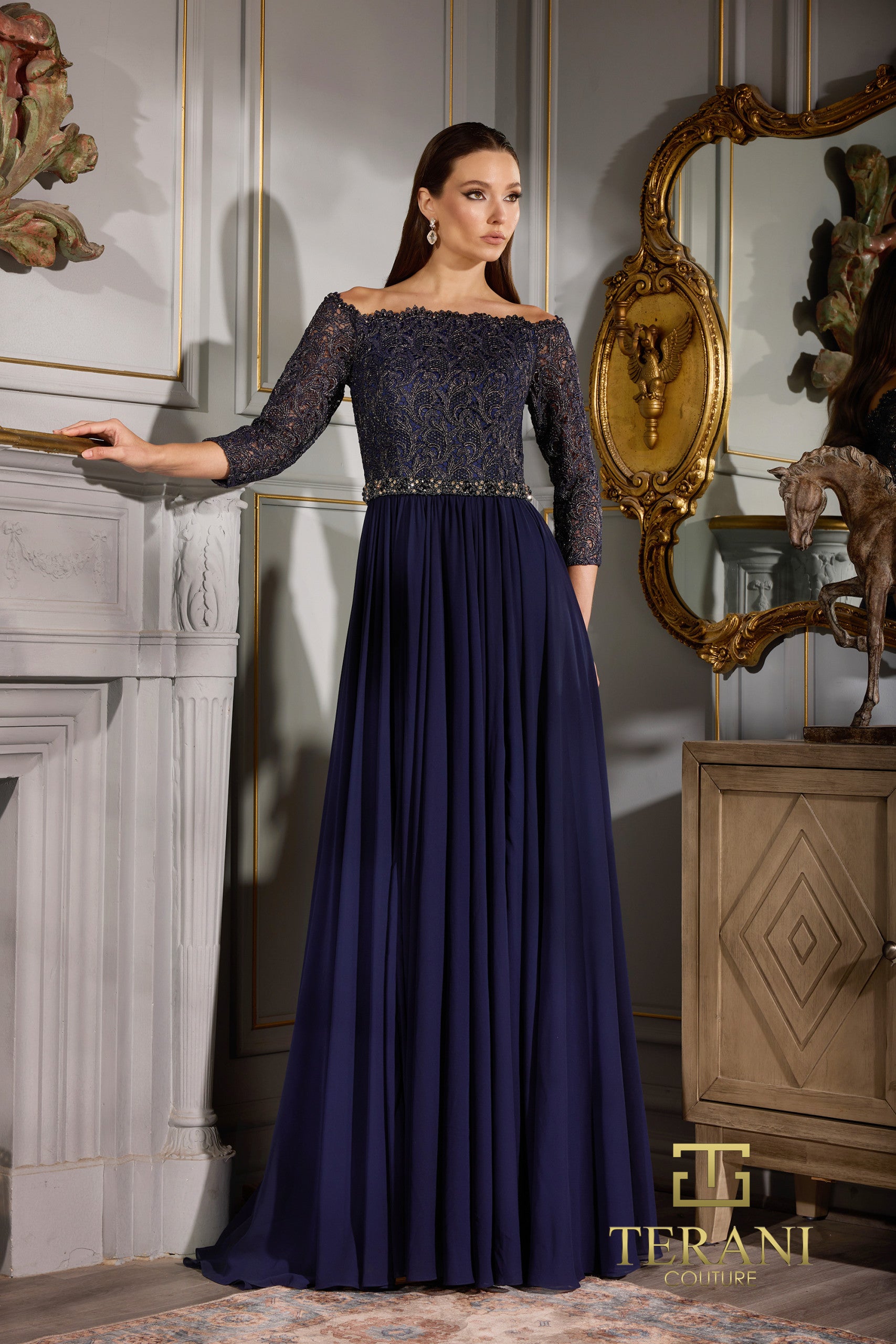 Terani Couture 252M5332 Long Formal Metallic Lace Evening Dress