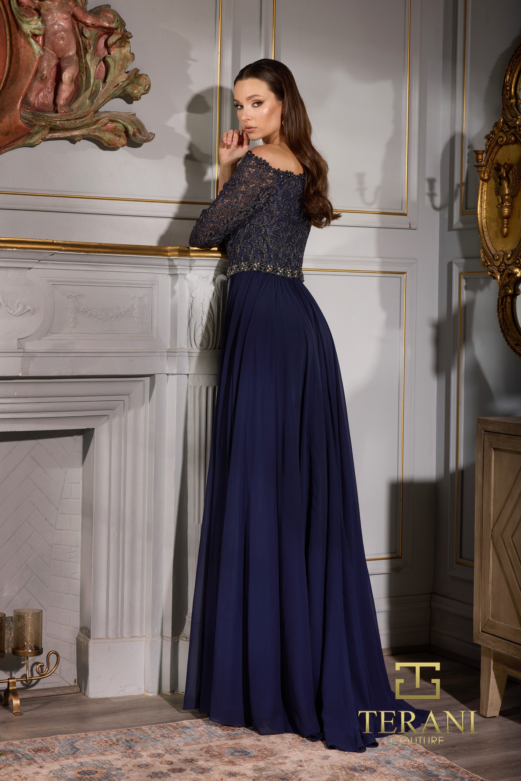 Terani Couture 252M5332 Long Formal Metallic Lace Evening Dress