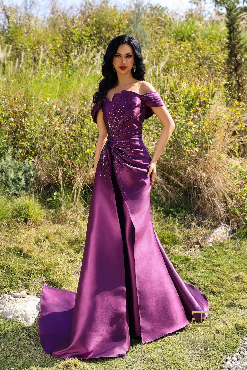 Terani Couture 252M5342 Prom Homecoming Off-Shoulder Long Evening Silver Mikado Dress - Silver / 20 Terani Couture 252M5342 Prom Homecoming Off-Shoulder Long Evening Silver Mikado Dress - Silver / 20