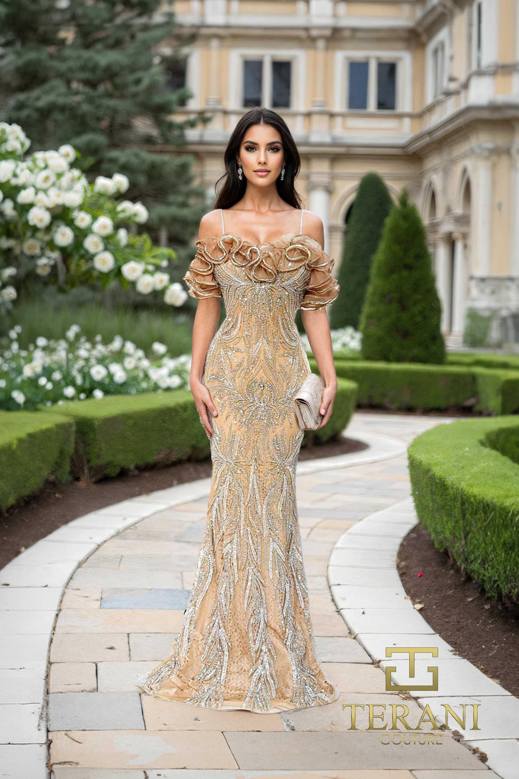 Terani Couture 252GL5226 Long Beaded Formal Ruffle Evening Dress