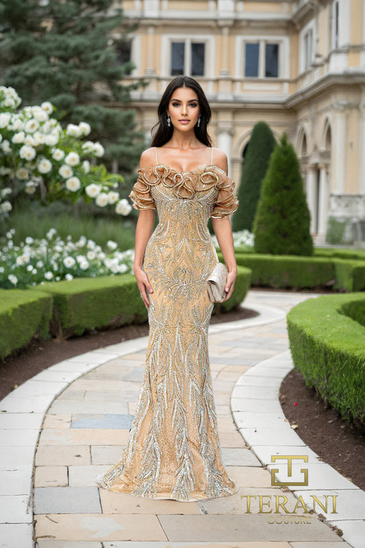 Formal Dresses Long Beaded Formal Ruffle Evening Dress Nude/Nude