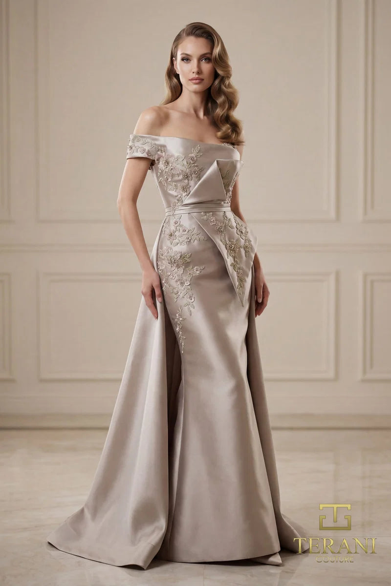 Formal Dresses Long Fitted Overskirt Formal Dress Taupe