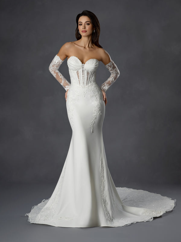Strapless Plunging Sweetheart Mermaid Bridal Gown with Corset Bodice and Lace Detailing