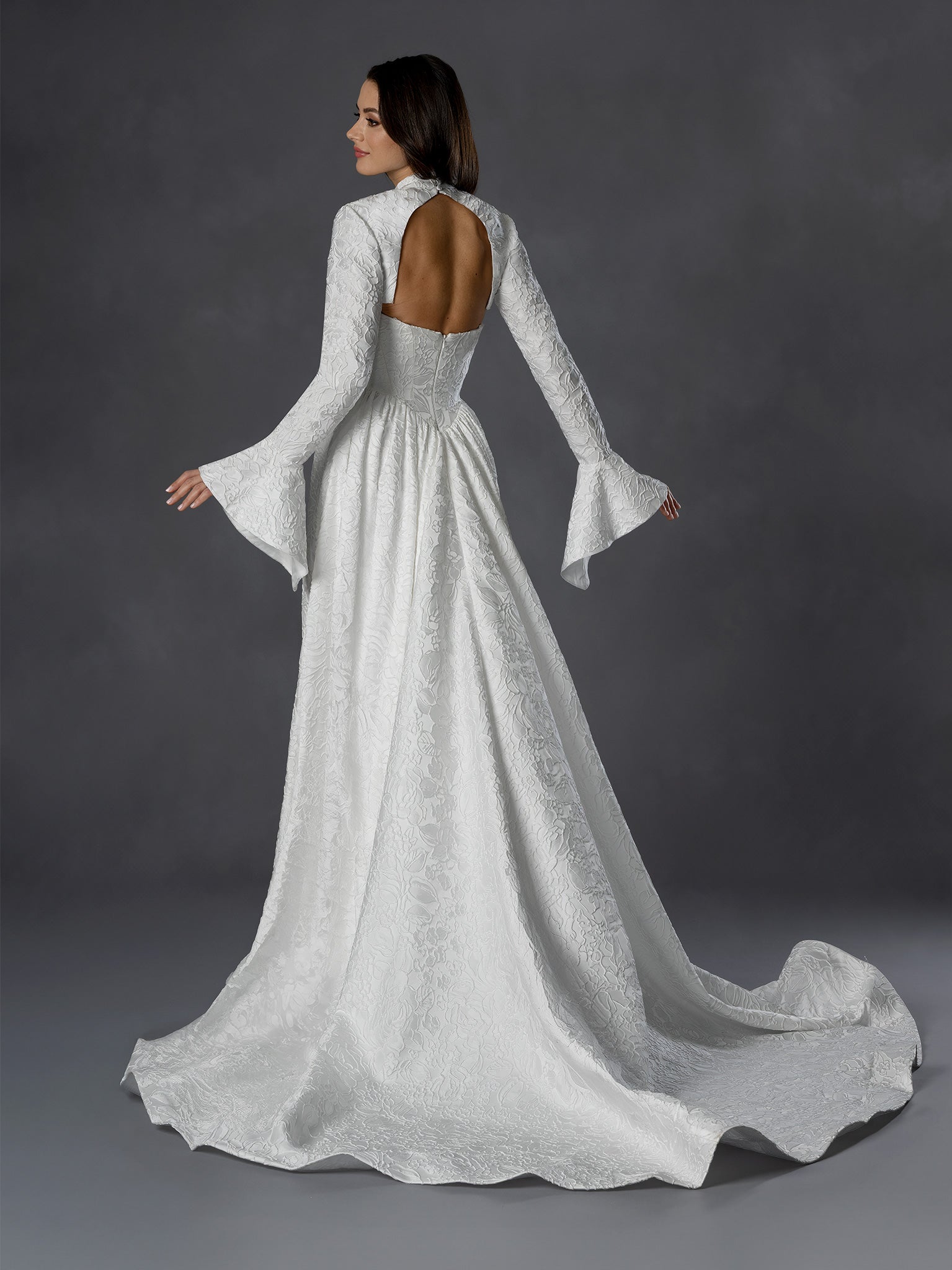 Off White One-Shoulder Embroidered Lace Mermaid Bridal Gown with Illusion Cutouts