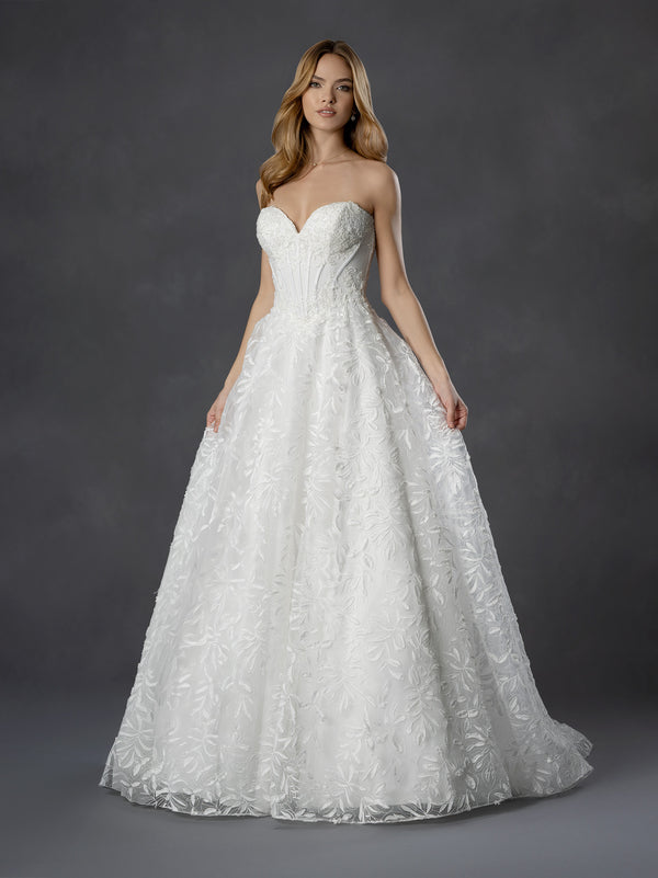 Strapless Sweetheart Textured Floral Lace Ball Bridal Wedding Gown with Corset Bodice