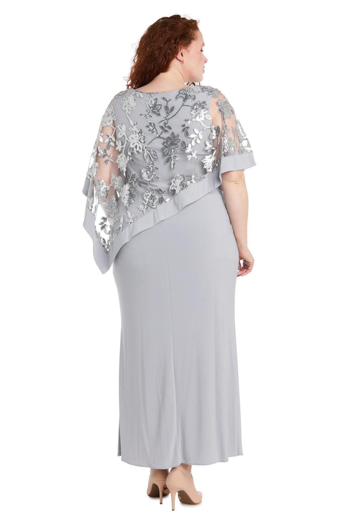 R & M Richards Plus Size Embroidered Sequin Lace Poncho Gown - Navy