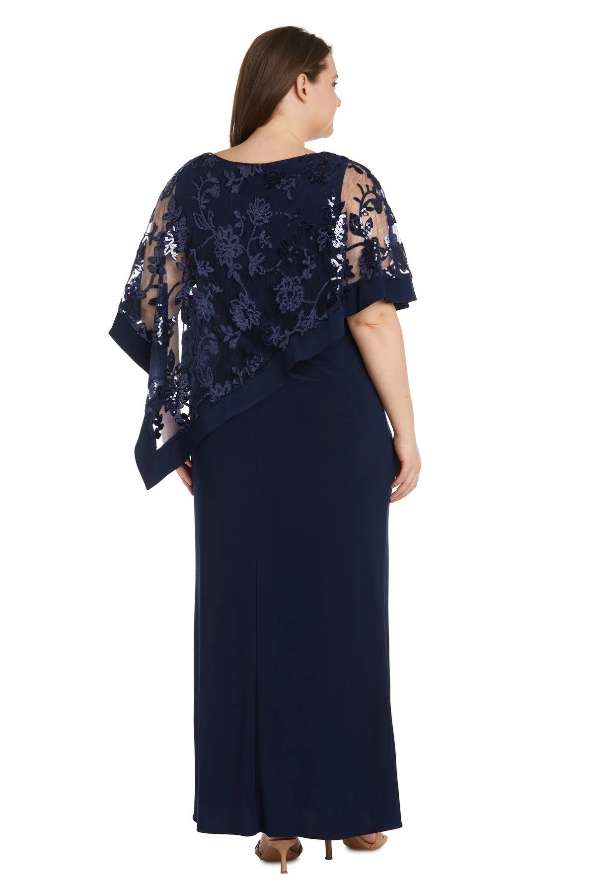 long sleeve poncho dress R & M Richards Plus Size Embroidered Sequin Lace Poncho Gown - Navy