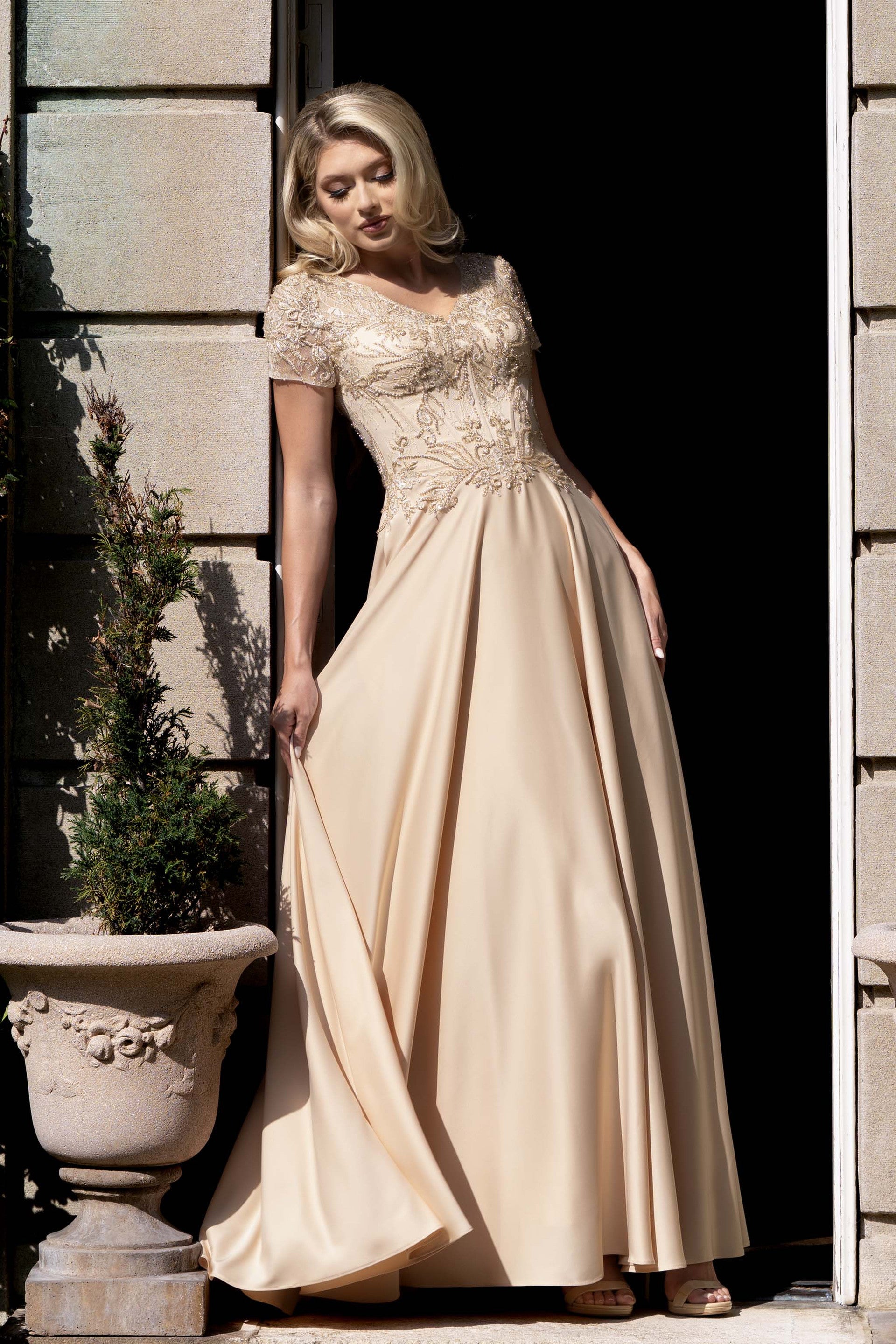 V-Neck Floor-Length Satin Formal A-Line Lenovia 8419