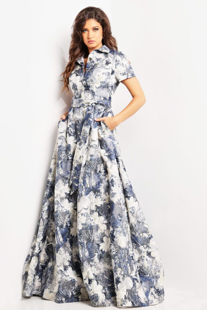 Formal Dresses Long A Line Short Sleeve Print Pleated Formal Dress  Print