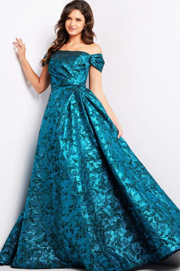 Formal Dresses Long Evening Metallic A Line Print Formal Dress   Peacock/Teal