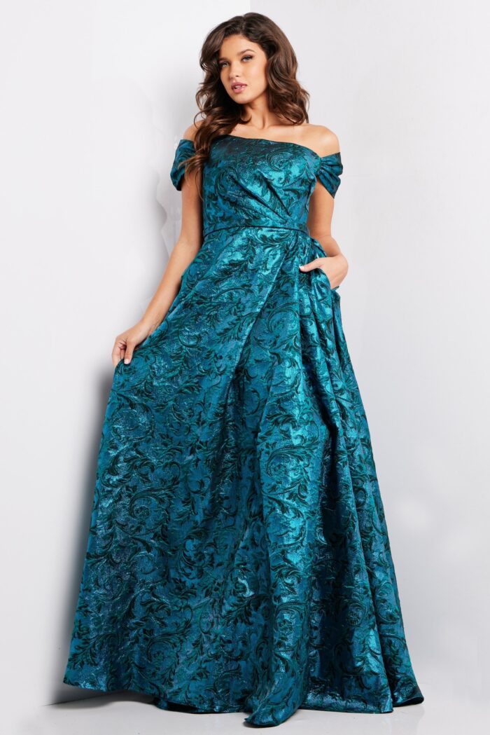 Formal Dresses Long Evening Metallic A Line Print Formal Dress   Peacock/Teal
