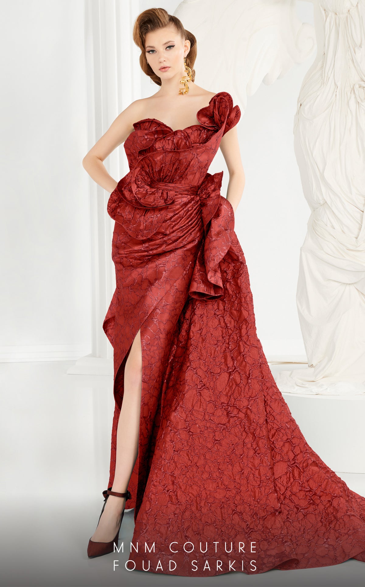 MNM Couture 2567 Long Formal Rosette Folded Metallic Evening Prom Dress