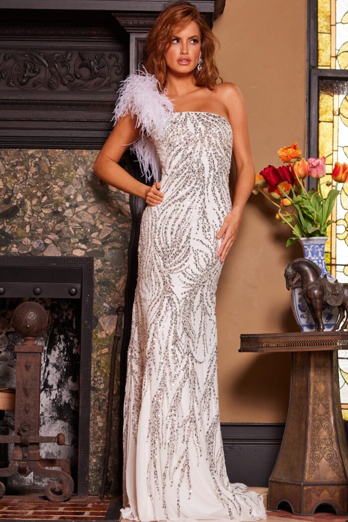 Formal Dresses Long Formal Beaded Evening Dress Off White