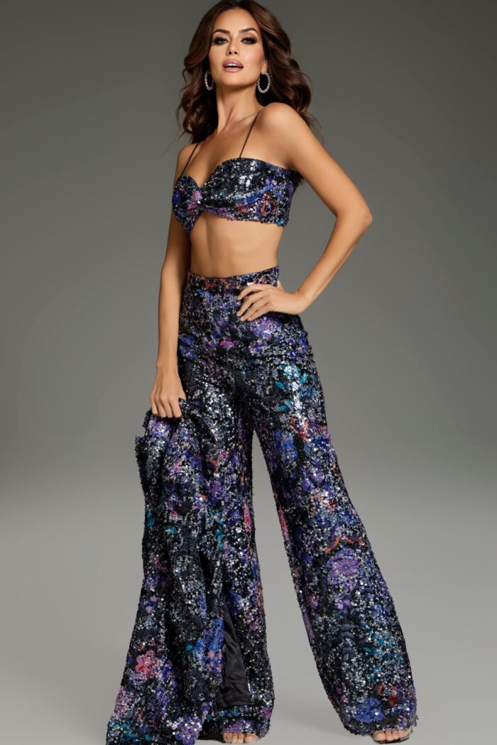 Pant Suit Long Sequin Wide Leg Formal Pant Suit Multi