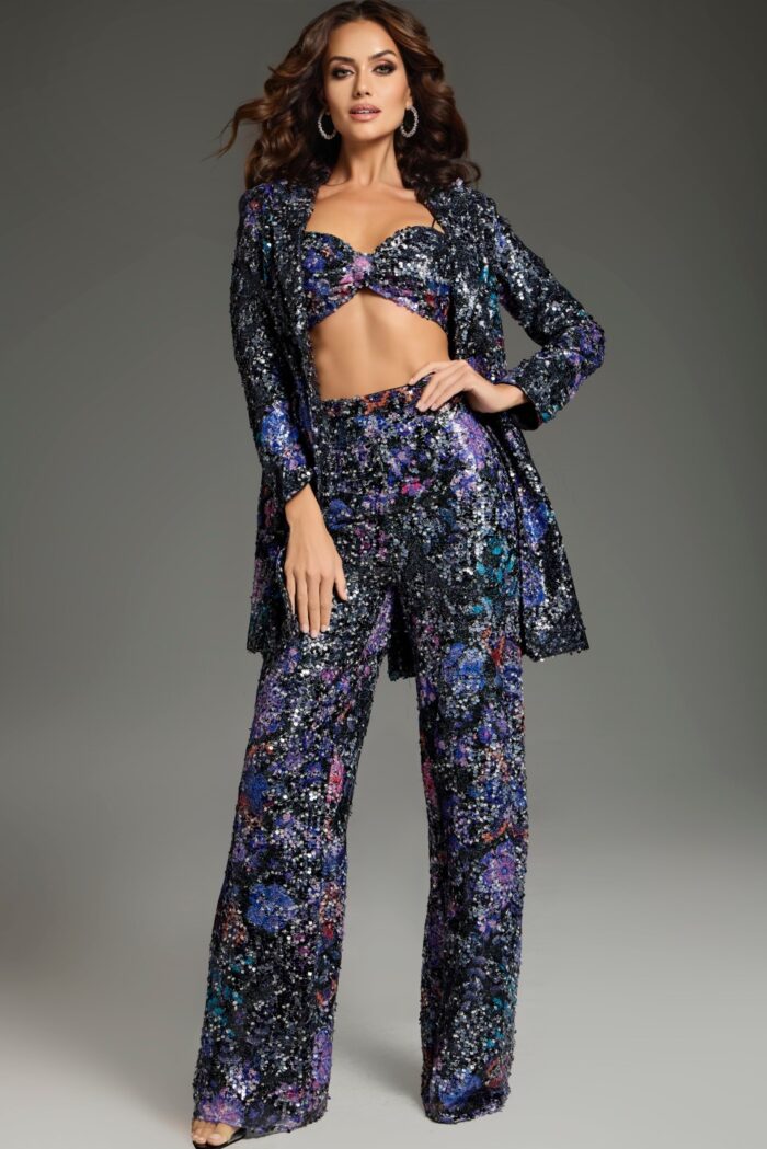 Pant Suit Long Sequin Wide Leg Formal Pant Suit Multi