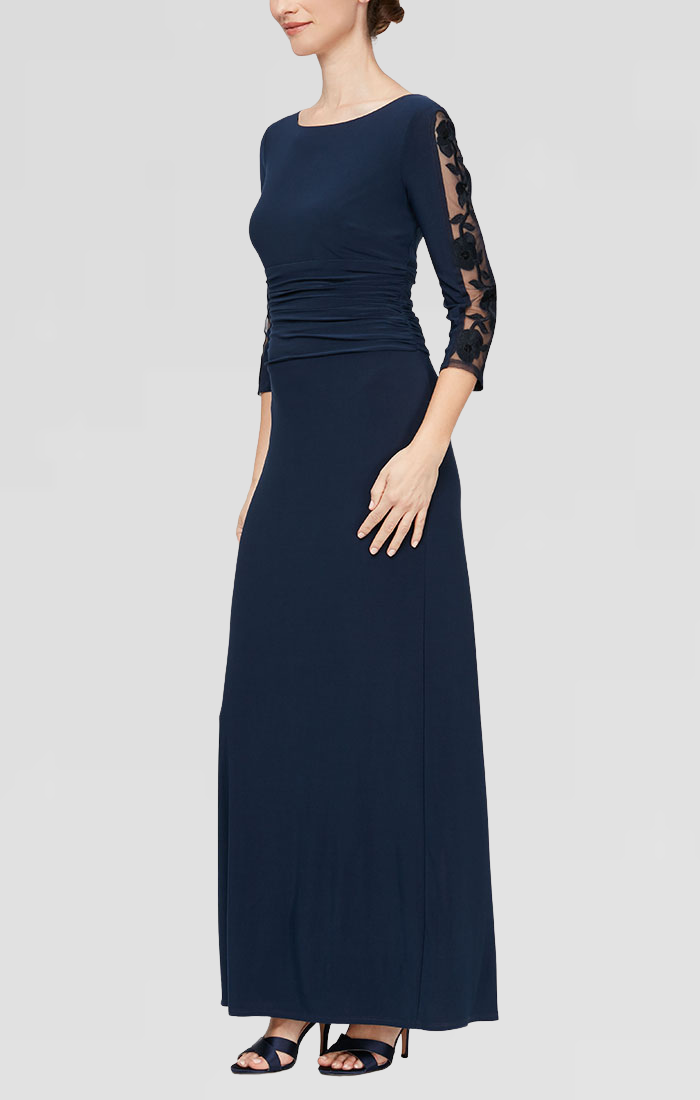 Navy Bateau Floor-Length Jersey Formal Gown with Embroidered Illusion Sleeves SL Fashions 9235221