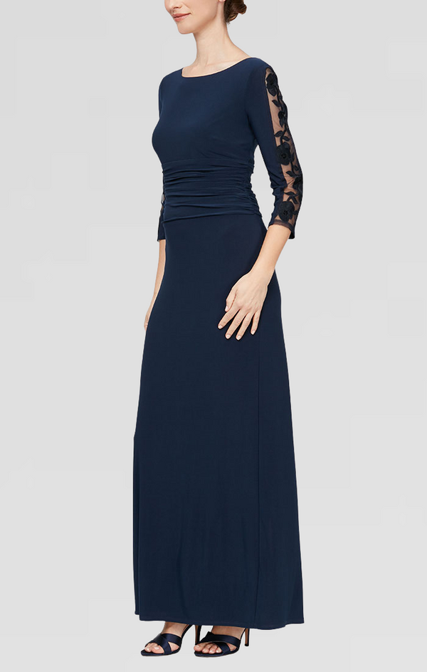 Bateau Floor-Length Jersey Formal Gown with Embroidered Illusion Sleeves SL Fashions 9235221