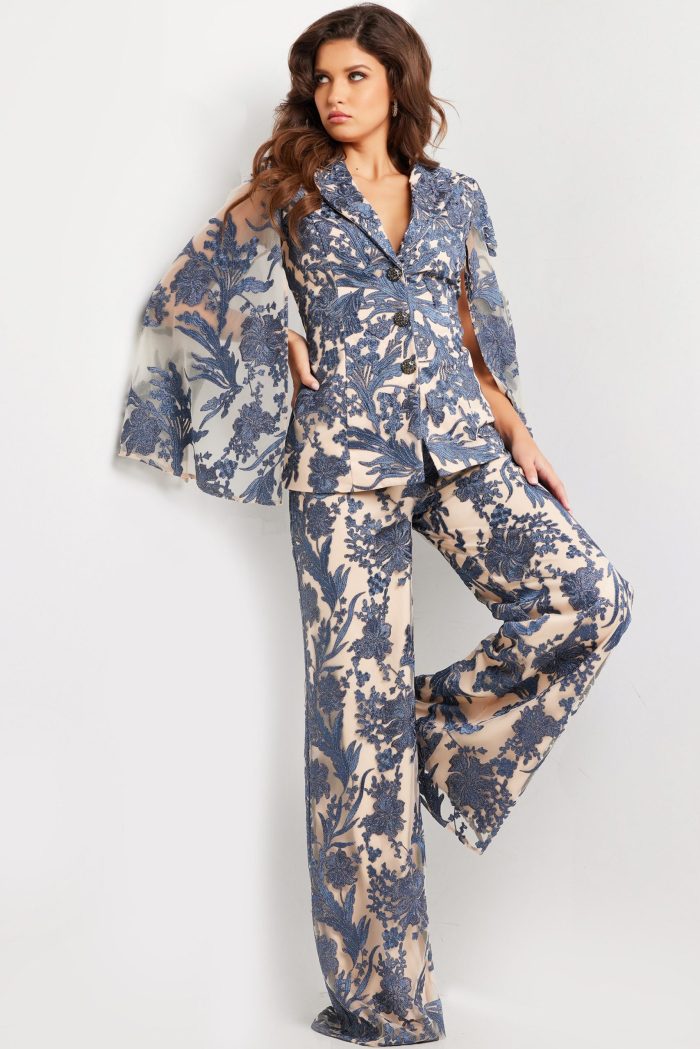 Pant Suit Long Two Piece Formal Pant Suit Navy/Nude